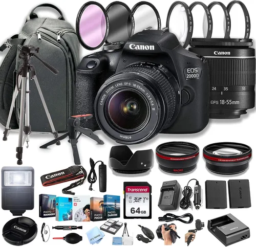 Canon EOS 2000D (Rebel T7) Cámara DSLR con lente EF-S de 0.709-2.165 in F/3.5-5.6 de zoom + mochila 100S + tarjetas de memoria de 64 GB, paquete de