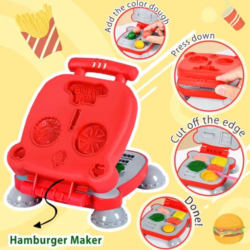 Miniatura 4 de Crelloci Juego de creaciones de cocina de masa de colores 3 en 1, máquina para hacer helados, espaguetis y hamburguesas, juguetes de modelado