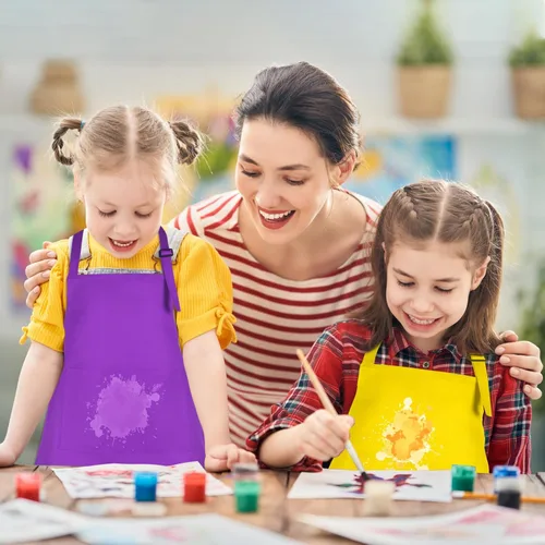 Miniatura 6 de Paquete de 12 delantales para niños a granel con 2 bolsillos ajustables, delantales de arte de chef, delantales de pintura para niños, para cocinar