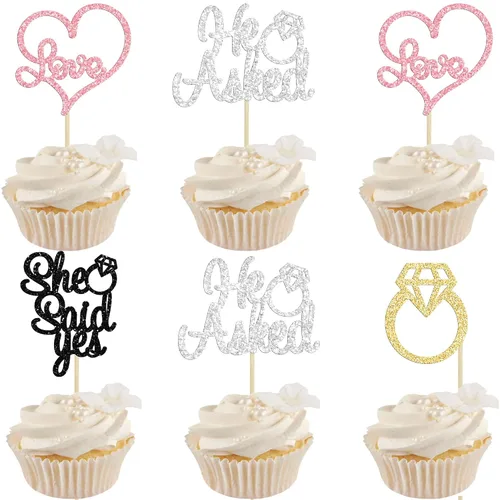 Miniatura 10 de Gyufise Paquete de 24 adornos para cupcakes con purpurina negra con la frase "He Asked She Said Yes" para cupcakes, anillos de corazón con purpurina