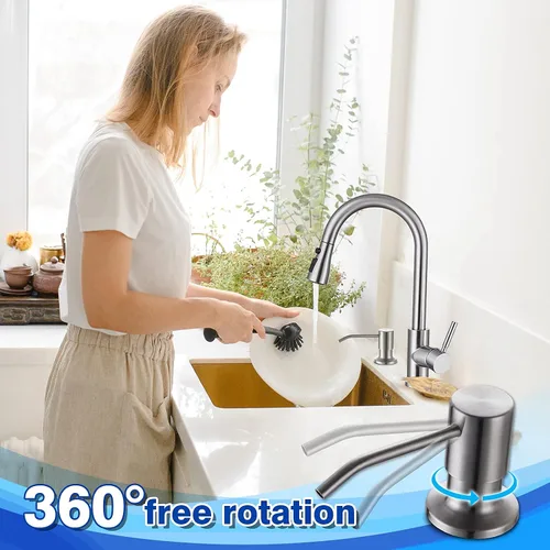 Miniatura 3 de Dispensador de jabón integrado para fregadero de cocina WEWE, acero inoxidable de níquel cepillado en dispensador de jabón de mostrador, recarga