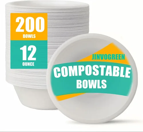 Miniatura 11 de JINVOGREEN 200 Unidades cuencos de papel de 8 onzas, pequeños cuencos desechables compostables, cuenco de bagazo de caña de azúcar biodegradable