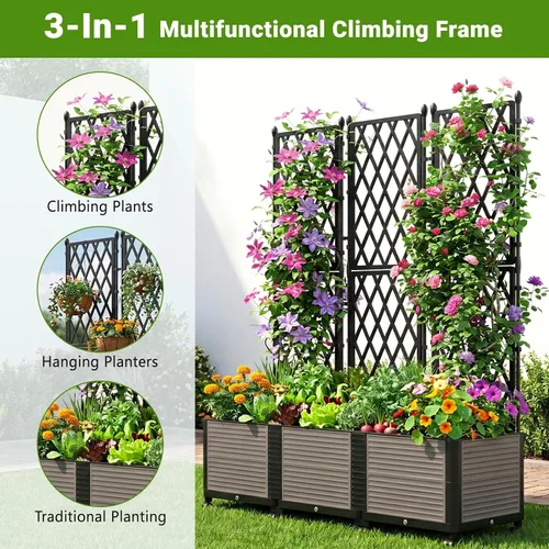 Miniatura 3 de DoCred Jardinera elevada de 63 pulgadas de alto con enrejado, maceta vertical para horticultura, jaula de tomate con ruedas para plantas trepadoras