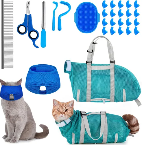 Miniatura 13 de Juego de 9 Piezas de Bolsa de Baño para Gatos, Bolsa de Ducha para Gatos Anti Mordeduras y Arañazos para Aseo de Mascotas, Cepillo de Lavado, Peine