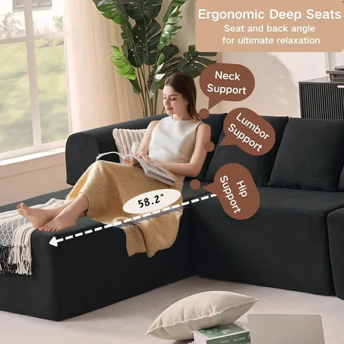 Miniatura 6 de Sofá modular de 106 pulgadas con diván en forma de L, moderno sofá modular Cloud con asiento profundo, cómodo sofá comprimido de terciopelo sin Negro