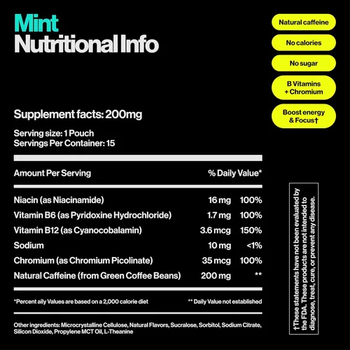 Miniatura 4 de Bolsas de energía Wip 200mg de cafeína natural Vitaminas y minerales Menta 15 bolsas por lata 3 latas