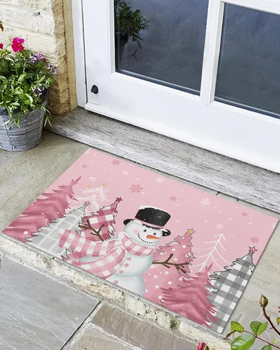 Miniatura 9 de Savannan Tapetes para suelo, árbol de Navidad a cuadros, copos de nieve, fondo rosa, antideslizante, parte trasera de látex, ultrafina