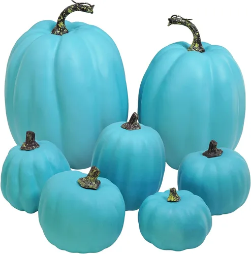 Winlyn 7 Piezas Calabazas Artificiales Surtidas de Color Azul Verdoso para Halloween, Calabazas Decorativas Costeras de Espuma Falsas para Otoño,