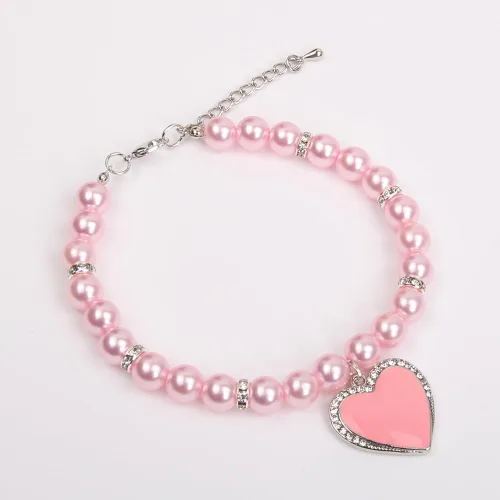 Miniatura 5 de Collar de perlas de perro y gato con diamantes de imitación, dije de corazón con dije de corazón para mascotas y cachorros (S, rosa)