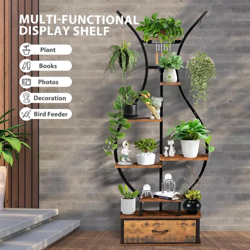 Miniatura 6 de Soporte para plantas de interior de 7 niveles con ganchos y cajón para colgar, soporte de esquina en forma de jarrón de 68.1 pulgadas de alto