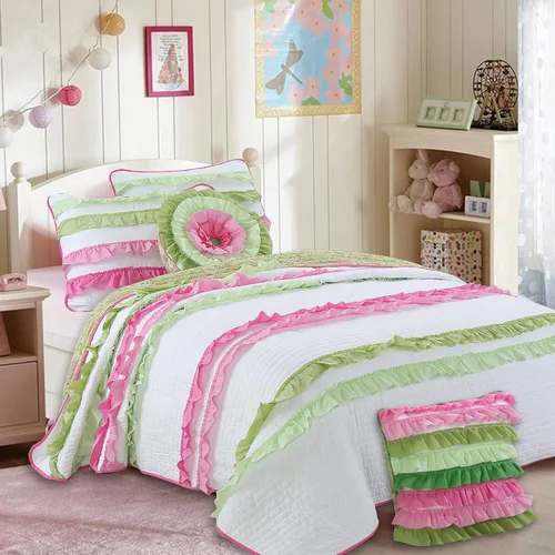 Miniatura 18 de Cozy Line Home Fashions Juego de ropa de cama acolchado reversible de niña con volantes rosa claro y azul de 100% algodón, colcha, cubrecama