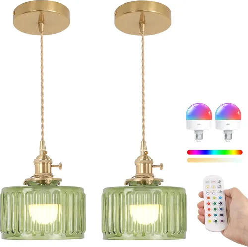 Miniatura 59 de Shenmoyl Lámpara colgante con pantalla de vidrio transparente a rayas, luz colgante vintage de latón, luz colgante ajustable para cocina, isla