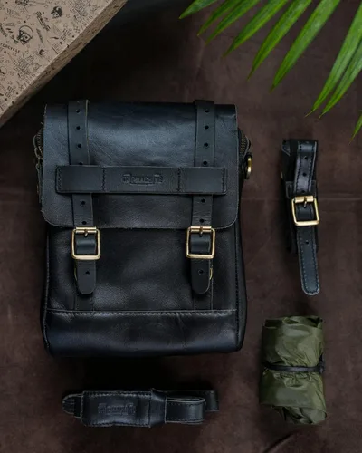 Miniatura 9 de Bolsa de tanque magnética de cuero genuino para motocicleta de Trip Machine Company con montaje en asiento trasero y cola, con correa para el hombro
