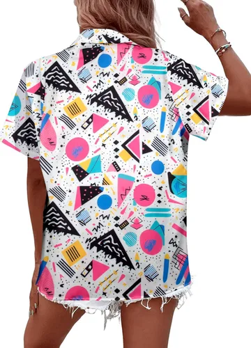 Miniatura 5 de Trajes de los años 80 para mujer, camisa de neón de los años 80 y 90, camisa retro para fiesta temática de discoteca, camisa hawaiana con botones