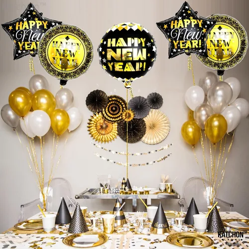 Miniatura 7 de KatchOn, Globos negros y dorados de Año Nuevo – 18 pulgadas, paquete de 5 Globos de feliz año nuevo para suministros de fiesta de Año Nuevo 2025