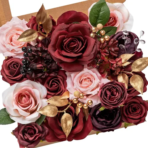 Serwalin Flores Artificiales Burdeos, Flores Falsas de Seda Burdeos y Rosa para Decoración de Boda DIY, Flores Rojo Profundo para Pastel Ramo de