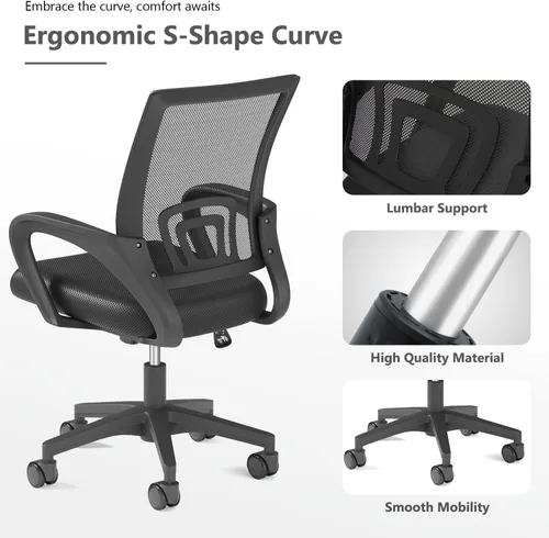 Miniatura 6 de OS MOTOR Silla de oficina en casa, silla de escritorio ergonómica de malla con respaldo medio con soporte lumbar, diseño giratorio ajustable, cómodo