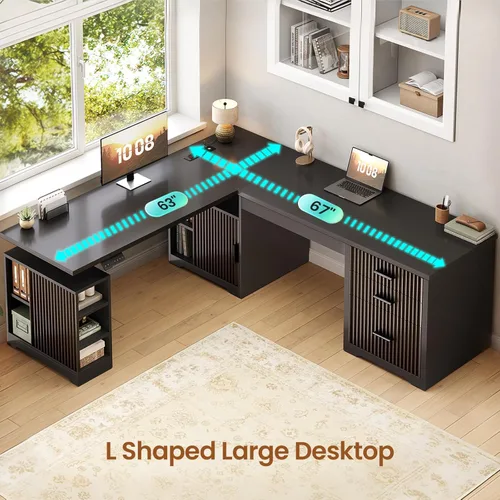 Miniatura 9 de SEDETA Escritorio eléctrico acanalado en forma de L, 63 x 67 pulgadas de altura ajustable para oficina en casa con cajones y estantes, escritorio