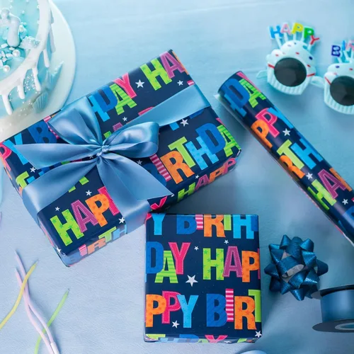 Miniatura 7 de Garbendy Papel de regalo de cumpleaños – Mini rollo – 17 pulgadas x 16.5 pies – Coloridas letras felices en papel azul papel de regalo perfecto