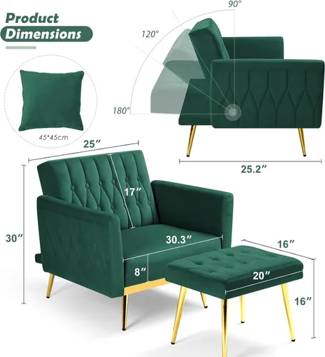 Miniatura 3 de Silla decorativa de terciopelo con respaldo y reposabrazos ajustables, sillón reclinable individual con otomana y patas mentales doradas para sala