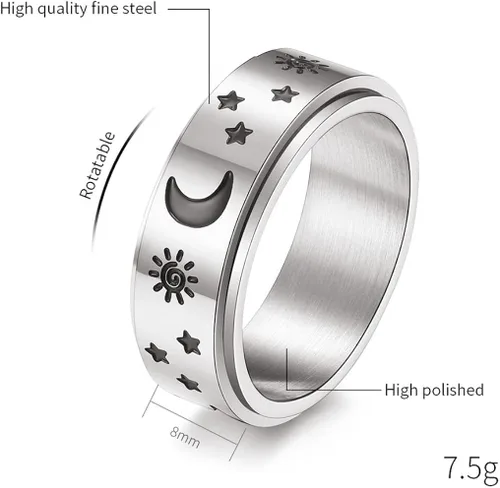 Miniatura 3 de Anillos giratorios de acero inoxidable de titanio con estrella de luna negra para mujeres, hombres, adolescentes, niñas, delicados anillos