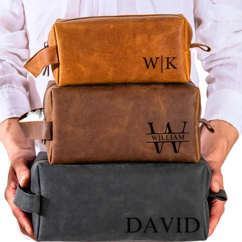 Neceser de cuero personalizado para hombres – Kit Dopp de afeitado grabado personalizado con nombre o inicial, regalo de viaje para padrinos de
