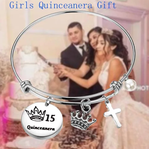 Miniatura 4 de FEELMEM Quinceañera - Pulsera de 15 cumpleaños para niñas y niñas 15 años de quinceañera brazalete de alambre expandible joyería de membrillo