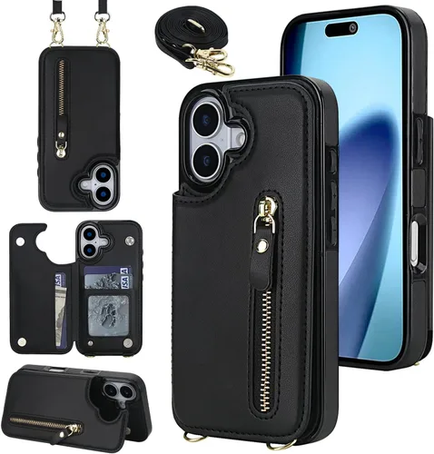 Miniatura 22 de Funda cruzada para teléfono iPhone 13 Pro Max de cuero con tarjetero, funda protectora extraíble, correa de cuero ajustable con botón, compatible