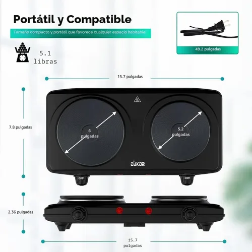 Miniatura 3 de CUKOR - Quemador de encimera doble de hierro fundido, quemador de encimera de 1800W, quemadores eléctricos dobles, quemador eléctrico portátil