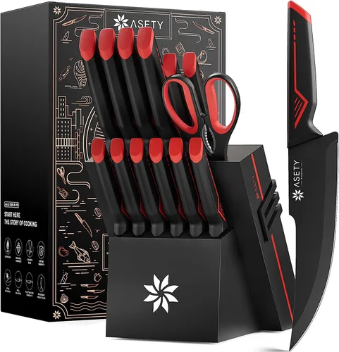Miniatura 9 de Juego de cuchillos de cocina con bloque - Juego de 15 cuchillos con afilador incorporado, apto para lavavajillas, cuchillos de cocina de acero