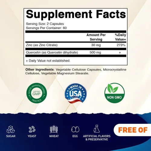 Miniatura 2 de Vitamatic Quercetina de zinc - 120 cápsulas vegetarianas - Citrato Zic 30 mg y quercetina 500 mg por porción - Apoyo inmunológico