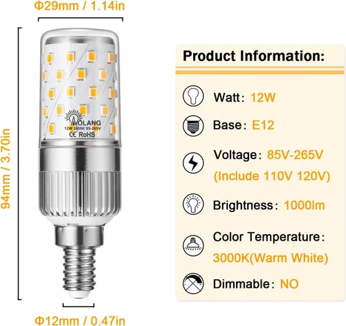 Miniatura 2 de Bombillas LED E12, bombillas LED de candelabro de 12 W, equivalente a 100 W, bombillas de araña blancas cálidas de 3000 K, bombillas de ventilador