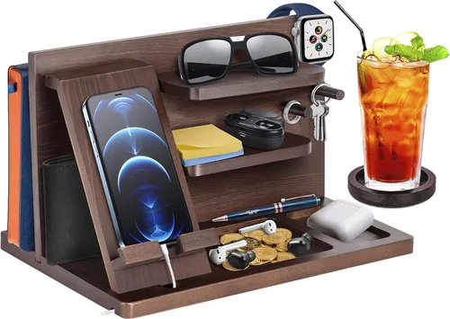 Miniatura 13 de Gifts for Men Wood Phone Docking Station for Mens Gifts for Christmas Husband Anniversary Dad Birthday Gifts for Men or Dad - Nightstand Organizer