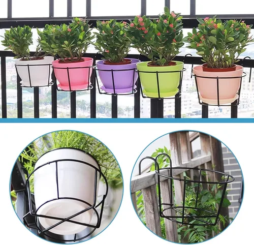 Miniatura 4 de Leoenir Paquete de 4 macetas redondas para colgar – soporte de metal para balcón y valla (negro)