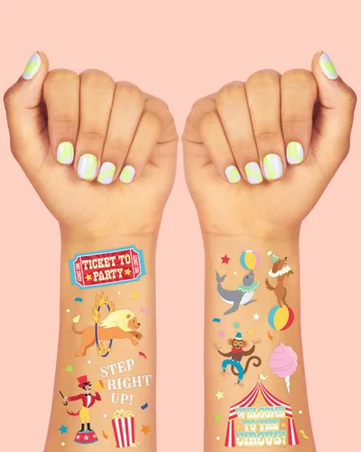 Miniatura 3 de xo, Fetti Tatuajes temporales para fiesta de circo – 42 estilos de lámina dorada y plateada Suministros para fiesta de cumpleaños de circo