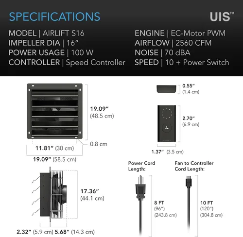 Miniatura 6 de AC Infinity AIRLIFT S16, Ventilador de Escape con Persiana de 16 pulgadas con Controlador de 10 Velocidades, Motor EC - Ventilación y Refrigeración