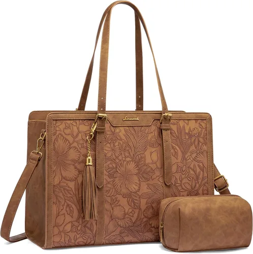 Miniatura 9 de LOVEVOOK Bolsa de mano para laptop para mujer, bolsa de trabajo vintage de 15.6 pulgadas con embrague, bolso grande de cuero para laptop con soporte