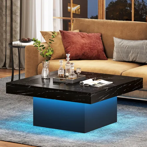 Tribesigns Mesa de centro LED de madera de ingeniería cuadrada de bajo perfil para sala de estar (Mármol falso negro+negro) | LED