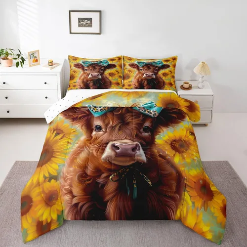Miniatura 17 de Erosebridal Highland Cow - Juego de edredón tamaño matrimonial, juego de ropa de cama de toro de cuerno largo occidental para niños y adultos, Verde