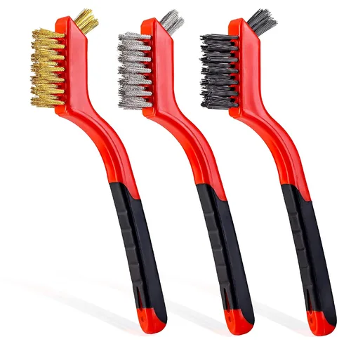 Miniatura 11 de Lavaxon Juego de 3 cepillos de alambre, cerdas de nailon/latón/acero inoxidable con mango curvado para óxido, suciedad y limpieza profunda, 7 Azul