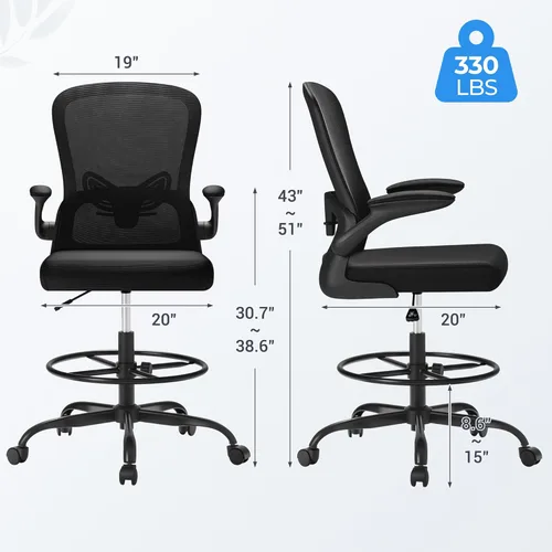 Miniatura 3 de Devoko Silla de Dibujo Ergonómica con Reposabrazos Abatibles, Silla de Oficina Alta Ejecutiva para Pararse con Soporte Lumbar y Reposapiés Ajustable