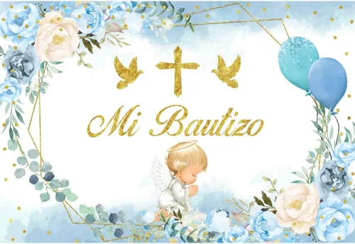 Miniatura 8 de Mi Bautizo - Telón de fondo de bautismo de 7 x 5 pies, decoración de bautizo para la primera comunión, flor azul, lindo ángel Dios bendiga fondo