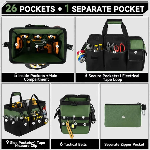 Miniatura 4 de Bolsa de herramientas, bolsa de herramientas resistente de 16 pulgadas para hombres, organizador de caja de herramientas con 27 bolsillos, bolsa