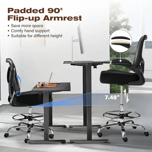 Miniatura 4 de Silla de dibujo de 400 libras, silla de oficina alta con soporte lumbar ajustable y anillo reposapiés, cómodo cojín grueso en forma de W extra