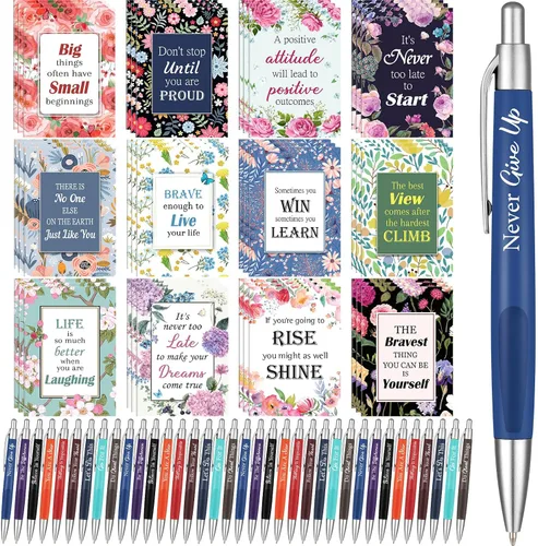 Miniatura 7 de Yeaqee Juego de 72 Piezas de Bolígrafos Motivacionales y Blocs de Notas, Bolígrafo de Punta de Bola con Citas Inspiradoras, Cuaderno Pequeño, Mini