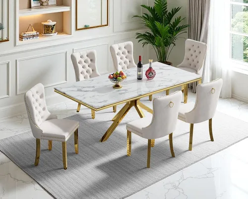 Miniatura 2 de Juego de mesa de comedor de mármol para 6, mesa de cocina rectangular de mármol blanco de 70 pulgadas con patas en X de acero inoxidable dorado