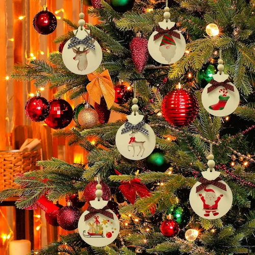 Miniatura 5 de OurWarm 50 adornos de Navidad de madera para manualidades, adornos de madera redondos sin terminar de 4 pulgadas con lazos y cuentas a cuadros
