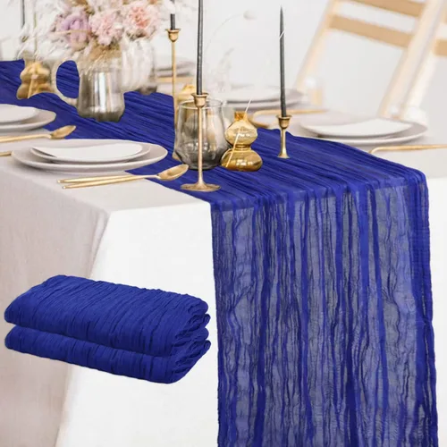 Miniatura 26 de FANPROMS Camino de mesa de gasa estilo cheesecloth azul rústico de 10 pies, tela de gasa para mesas de granja, ropa de mesa para mesas bohemias