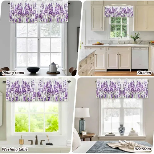 Miniatura 5 de Cortina de cenefas de lavanda púrpura pastoral para cocina, cafetería, cenefa floral de primavera de 42 x 12 pulgadas, bolsillo para barra, cortinas
