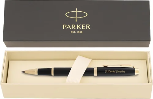 Parker IM - Bolígrafo roller con tapa grabada, laca negra con borde dorado, regalo personalizado para ejecutivos, graduación, jubilación, avance